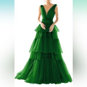 Double v neck prom dress A-line tulle pleated dress